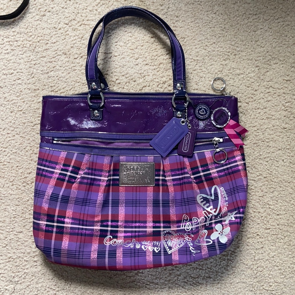 PURPLE TARTAN COACH POPPY BAG